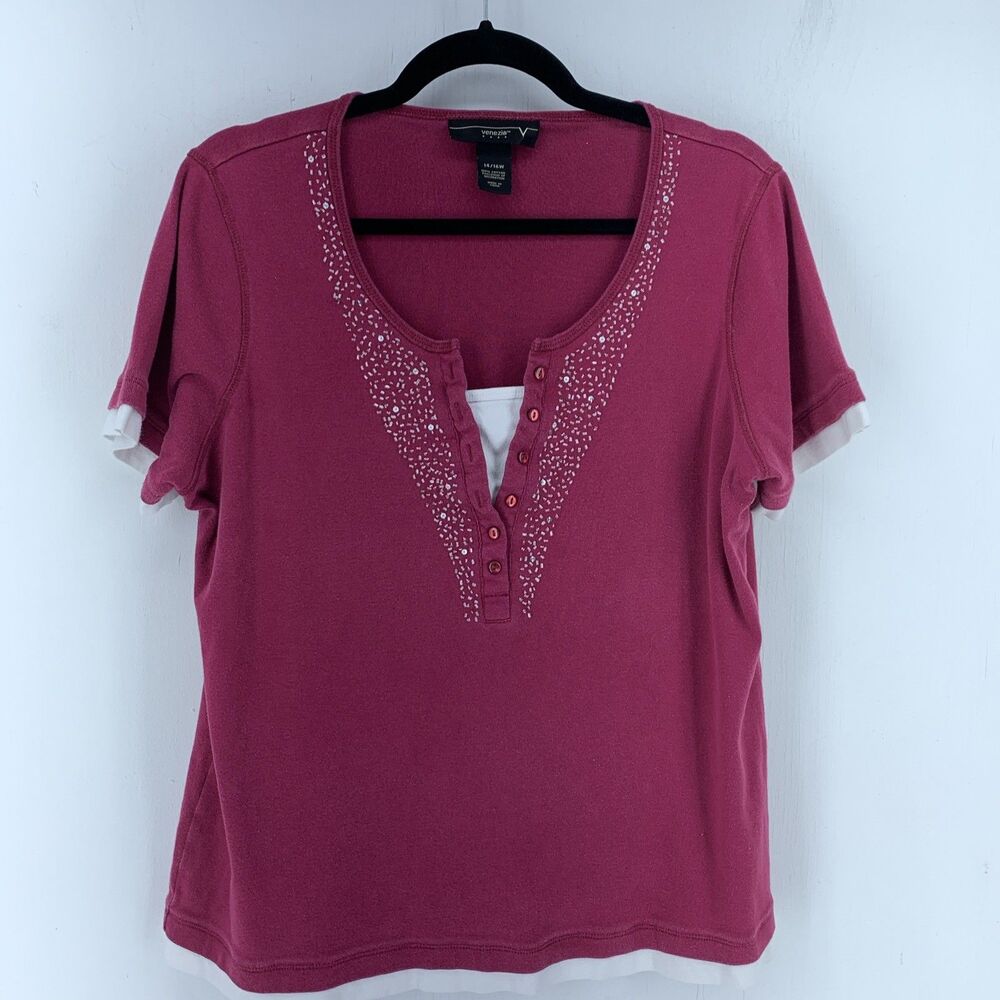 Venezia Womens 14 16W Henley Top Beaded Sparkle Y2K Grunge Normcore Layered 90’s